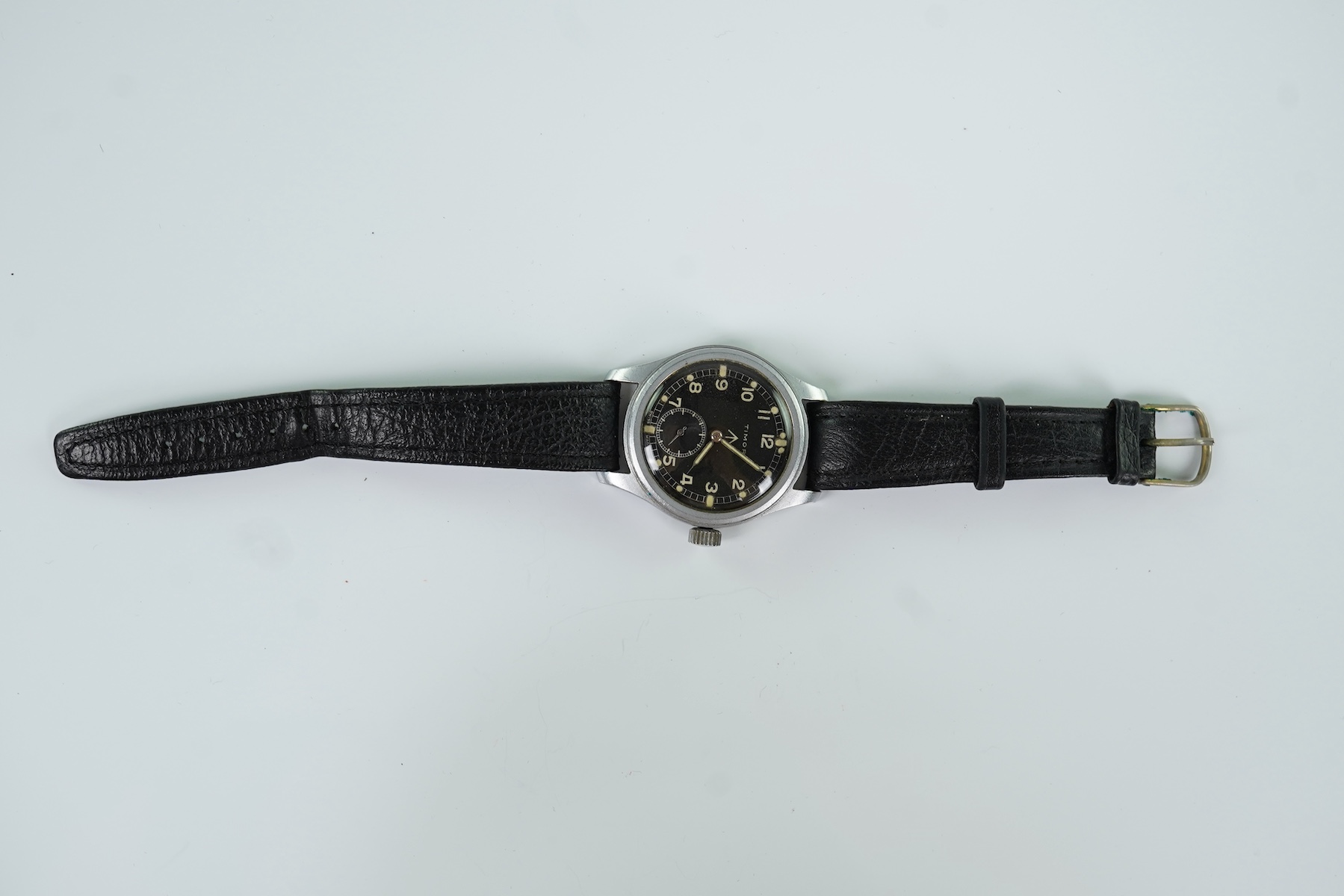 A gentleman's steel Timor WWW British Military 'Dirty Dozen' manual wind wrist watch, circa 1945